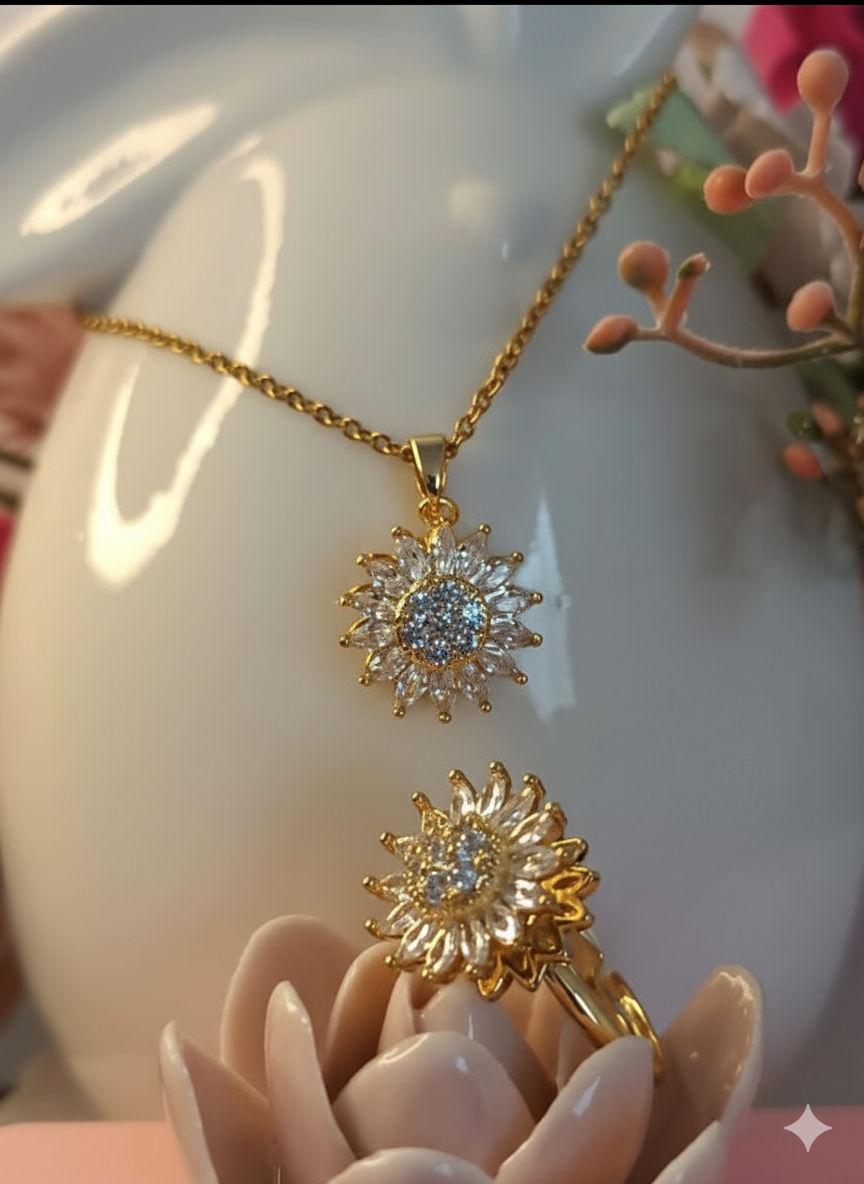 🌻 Set Girasol de Lujo: Collar y Anillo Brillante